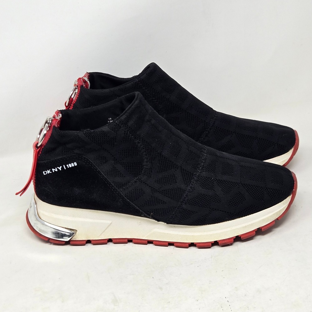 DKNY Mylo Womens Black Red Logo Sock Sneakers High Top Zip Shoes QZF-2109 9.5M